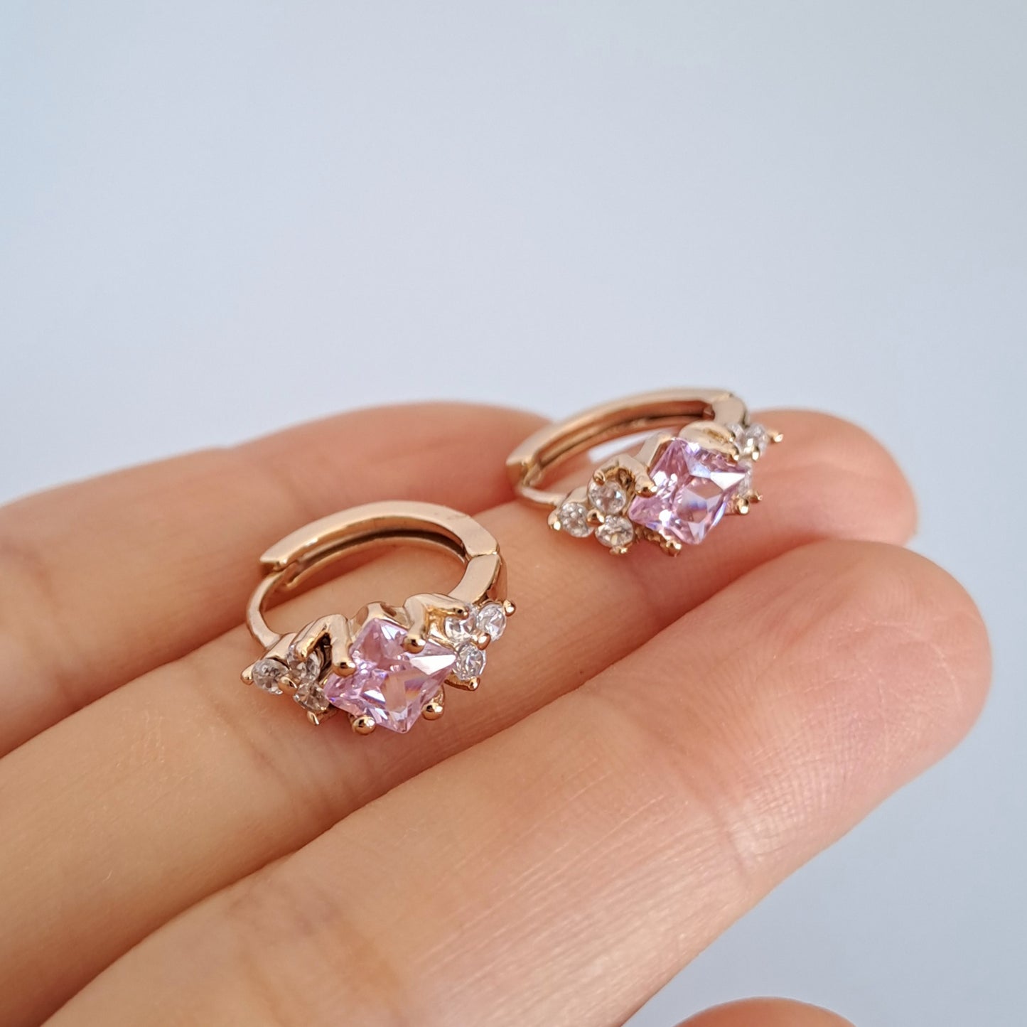 18K gold-plated copper hoops with pink quare zircon stones,diameter 16mm