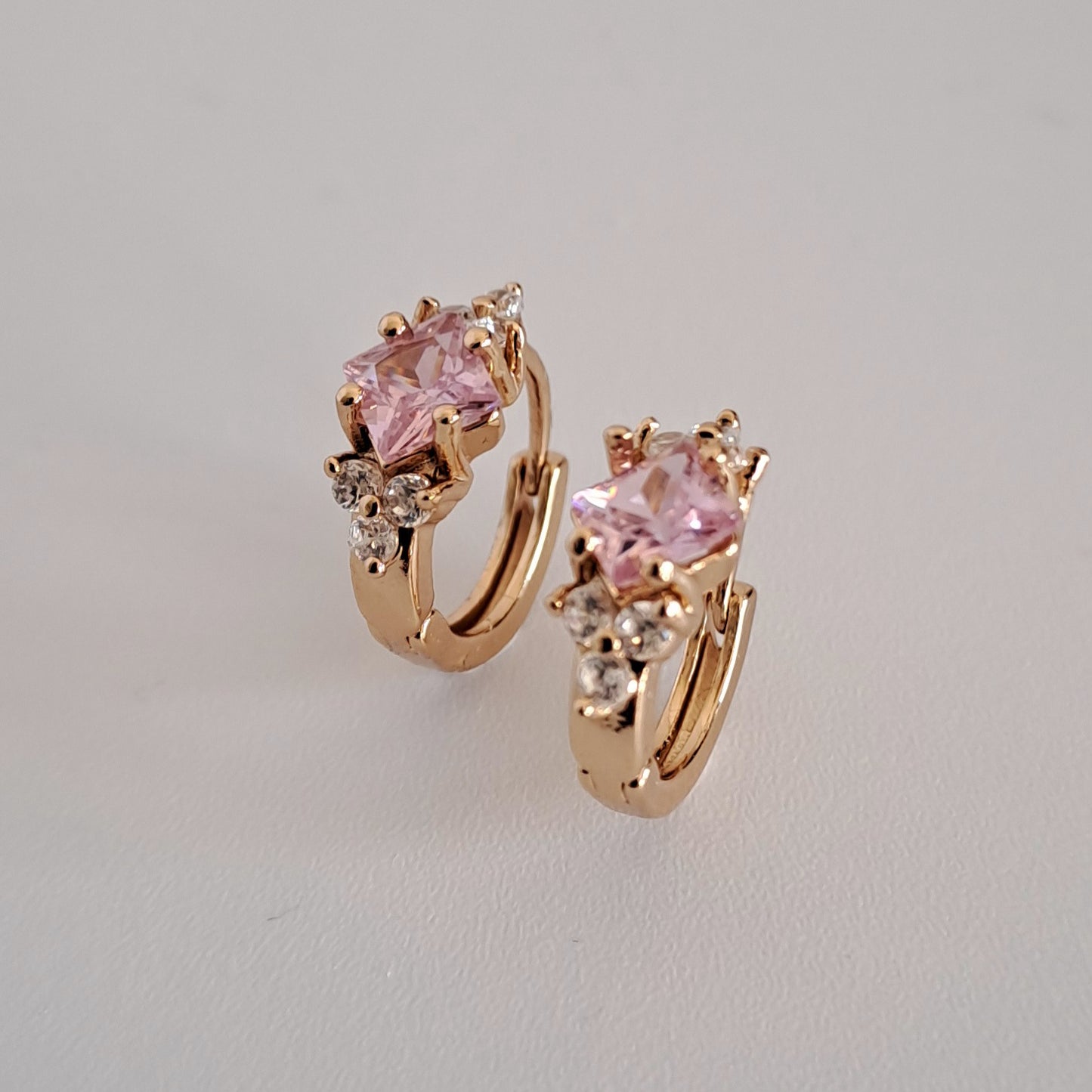 18K gold-plated copper hoops with pink quare zircon stones,diameter 16mm