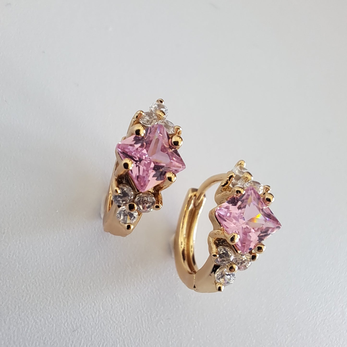 18K gold-plated copper hoops with pink quare zircon stones,diameter 16mm