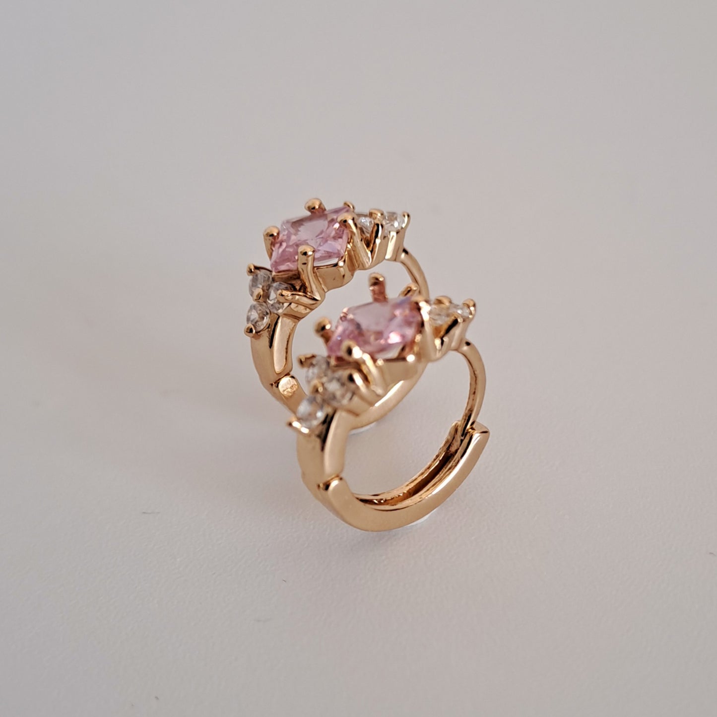 18K gold-plated copper hoops with pink quare zircon stones,diameter 16mm