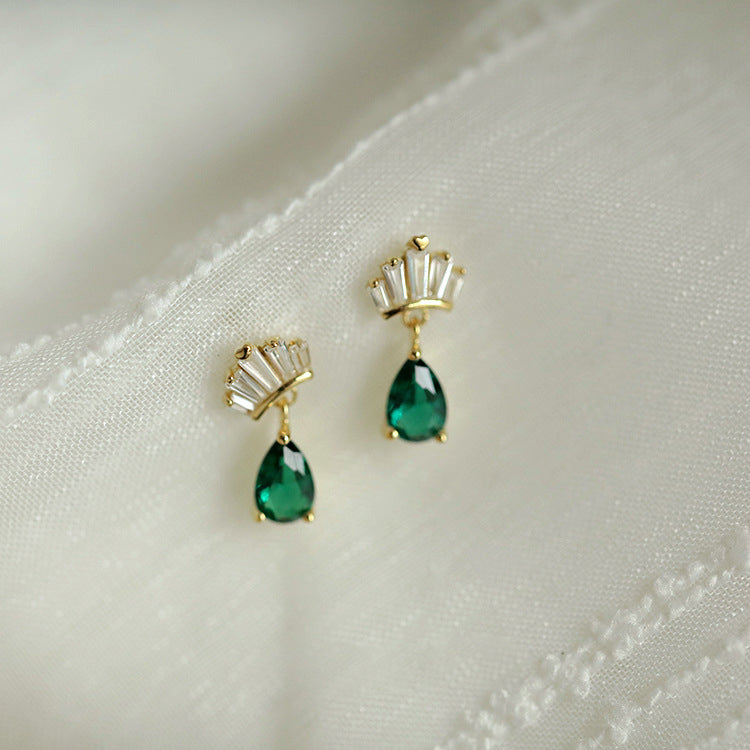 Gold-Plated Crown Stud Earrings with Emerald Green Teardrop Zircon