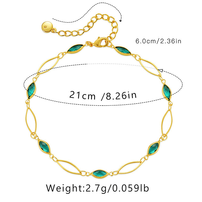 Vintage gold-plated copper anklet with green glass stones