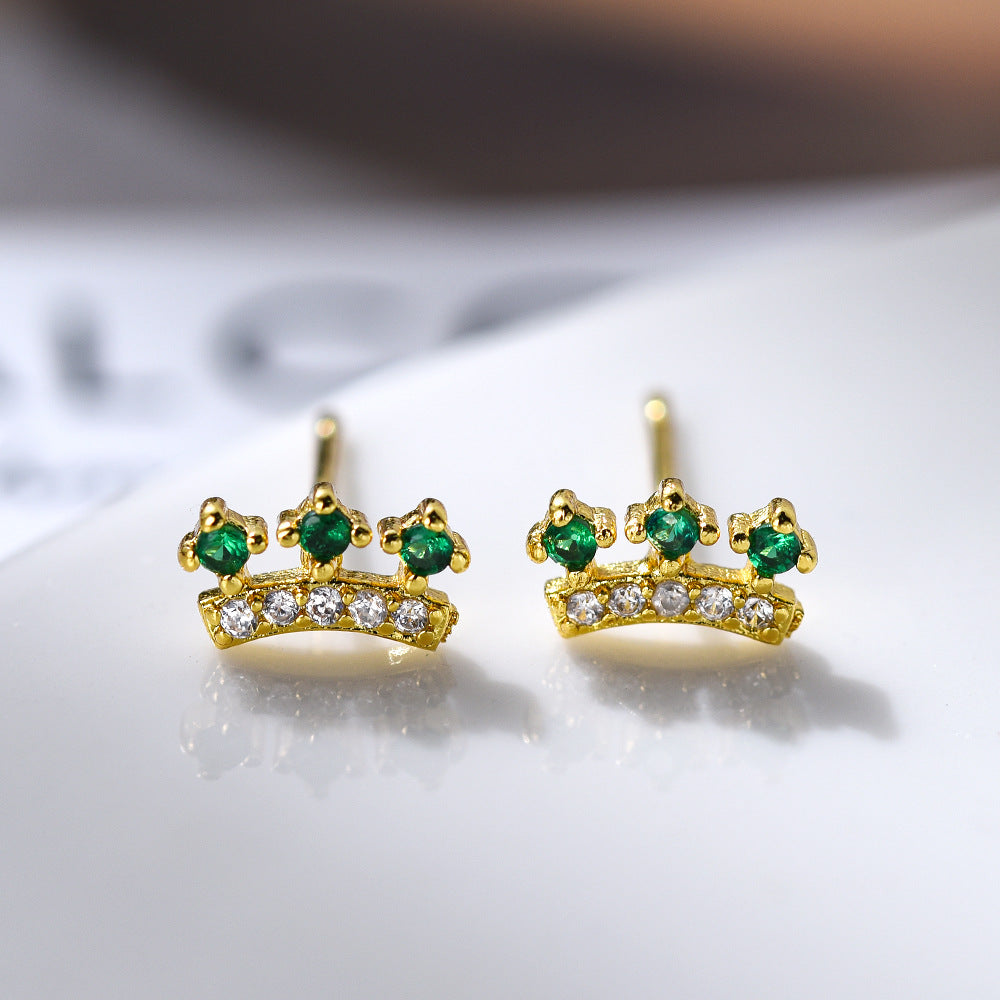 14K Gold-Plated Brass Crown Stud Earrings with Emerald Green Zircon – Vintage Minimalist Style