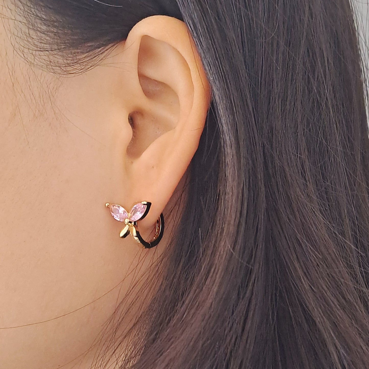 18K gold-plated copper earrings with pink zircon stones, butterfly design