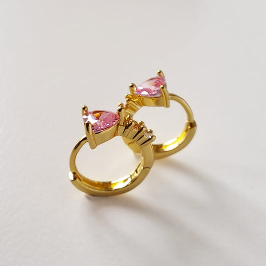 Gold-Plated Heart Hoops with PInk Diamond Accents
