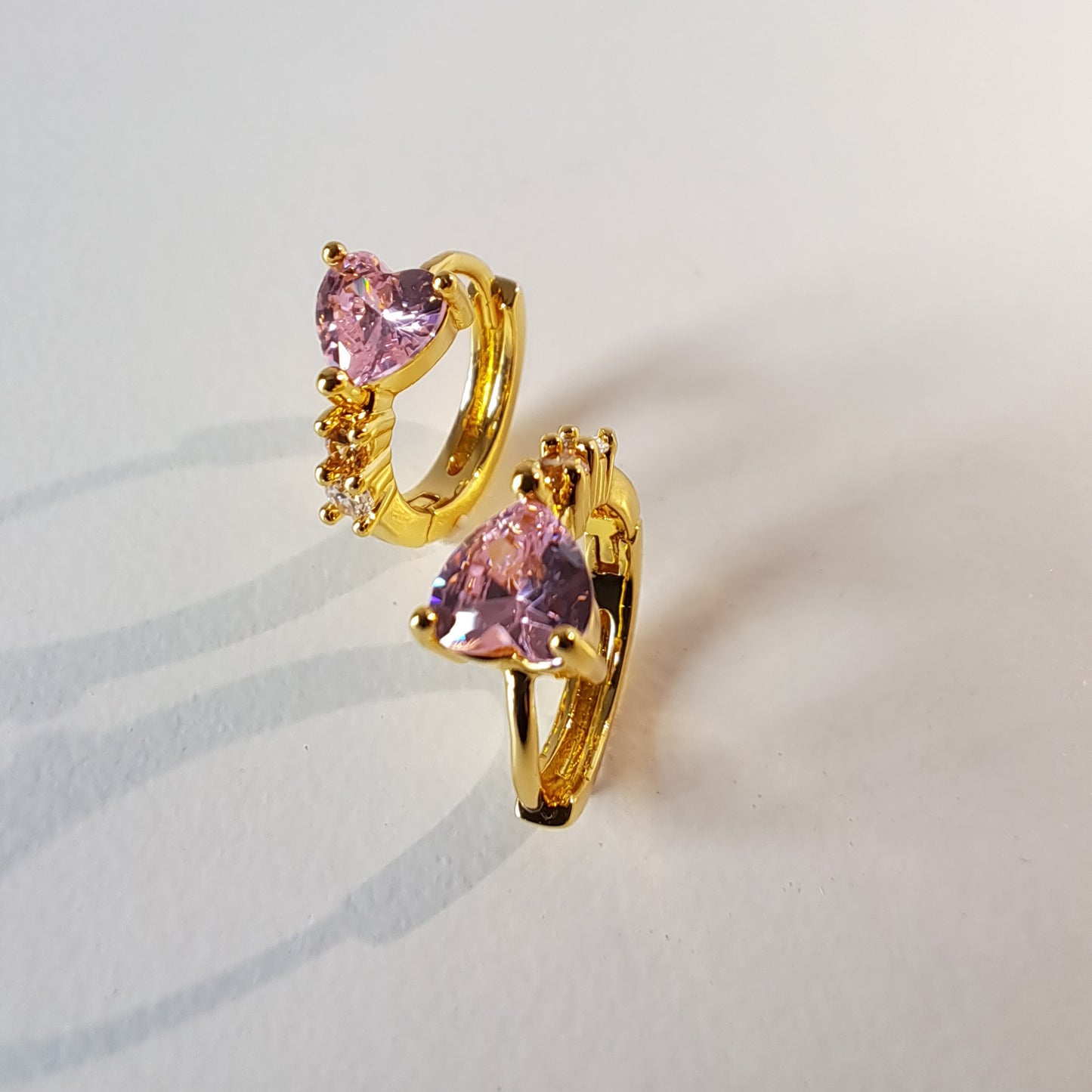 Gold-Plated Heart Hoops with PInk Diamond Accents