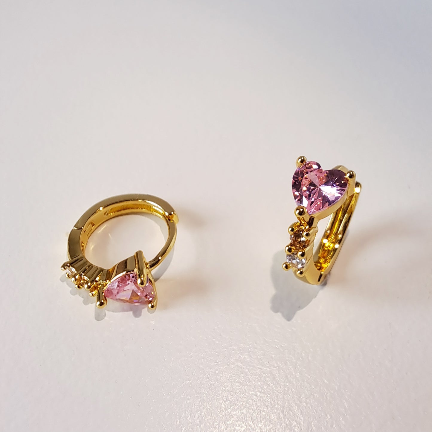 Gold-Plated Heart Hoops with PInk Diamond Accents