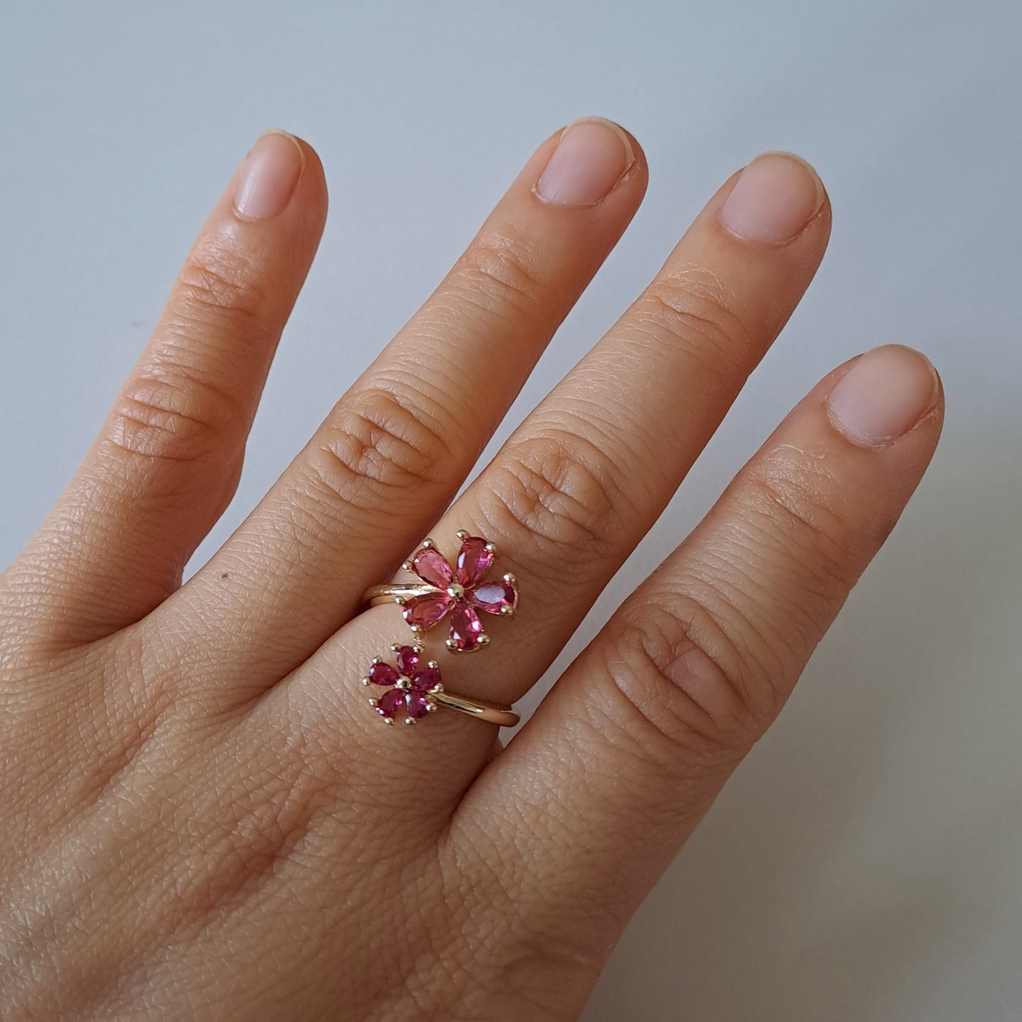 18k gold plated brass open ring embedded with AAA+ zircons/flower design