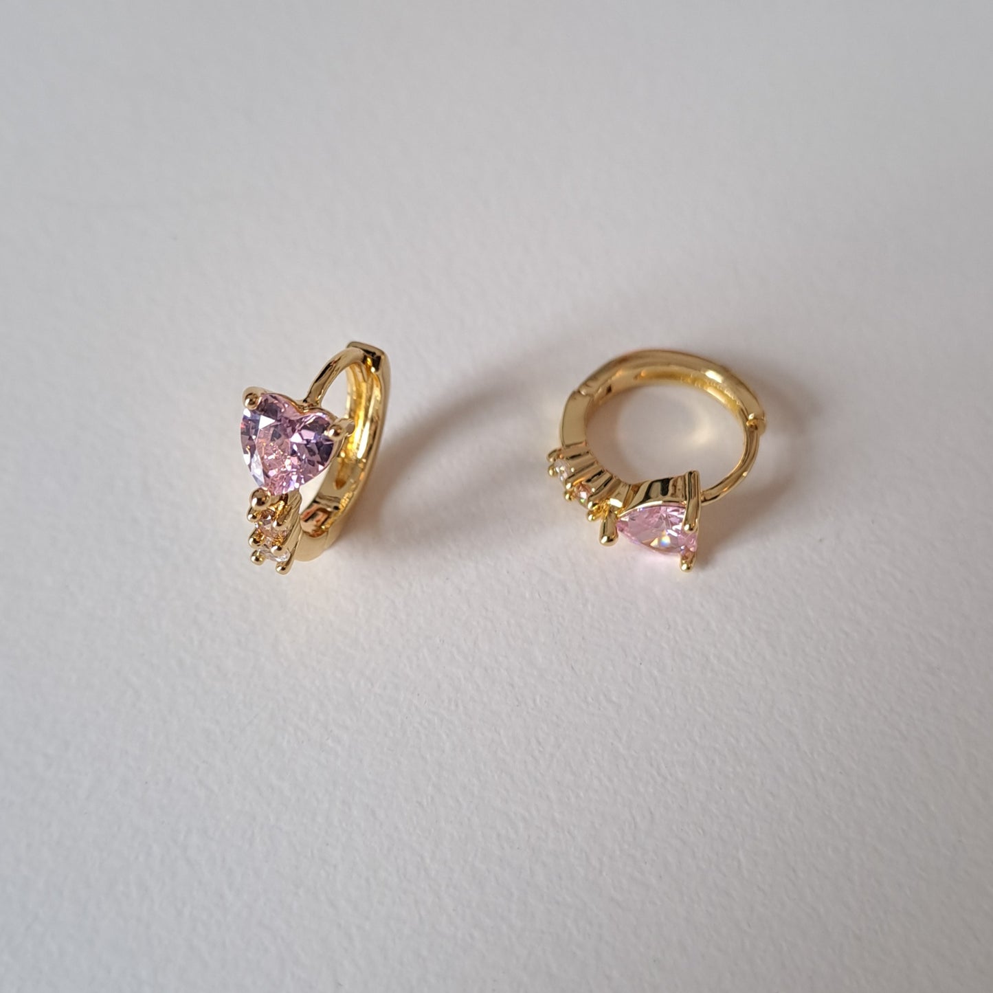 Gold-Plated Heart Hoops with PInk Diamond Accents