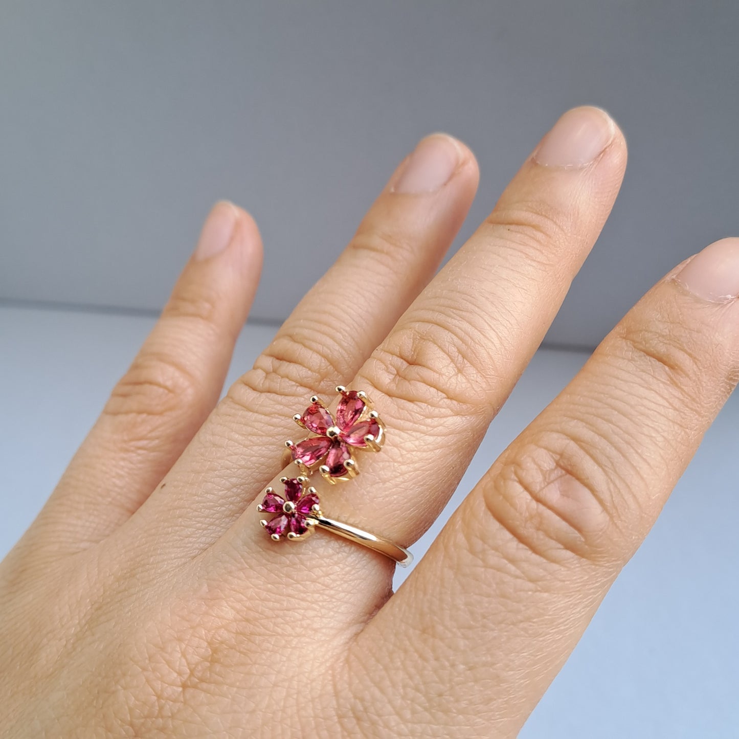 18k gold plated brass open ring embedded with AAA+ zircons/flower design