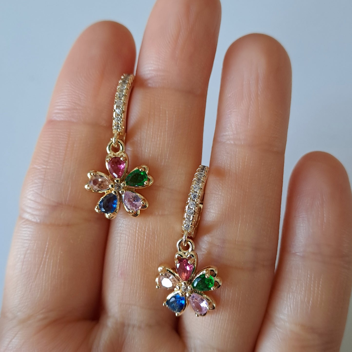 18k gold plated brass earrings,with colour AAA+zircons,length 27mm