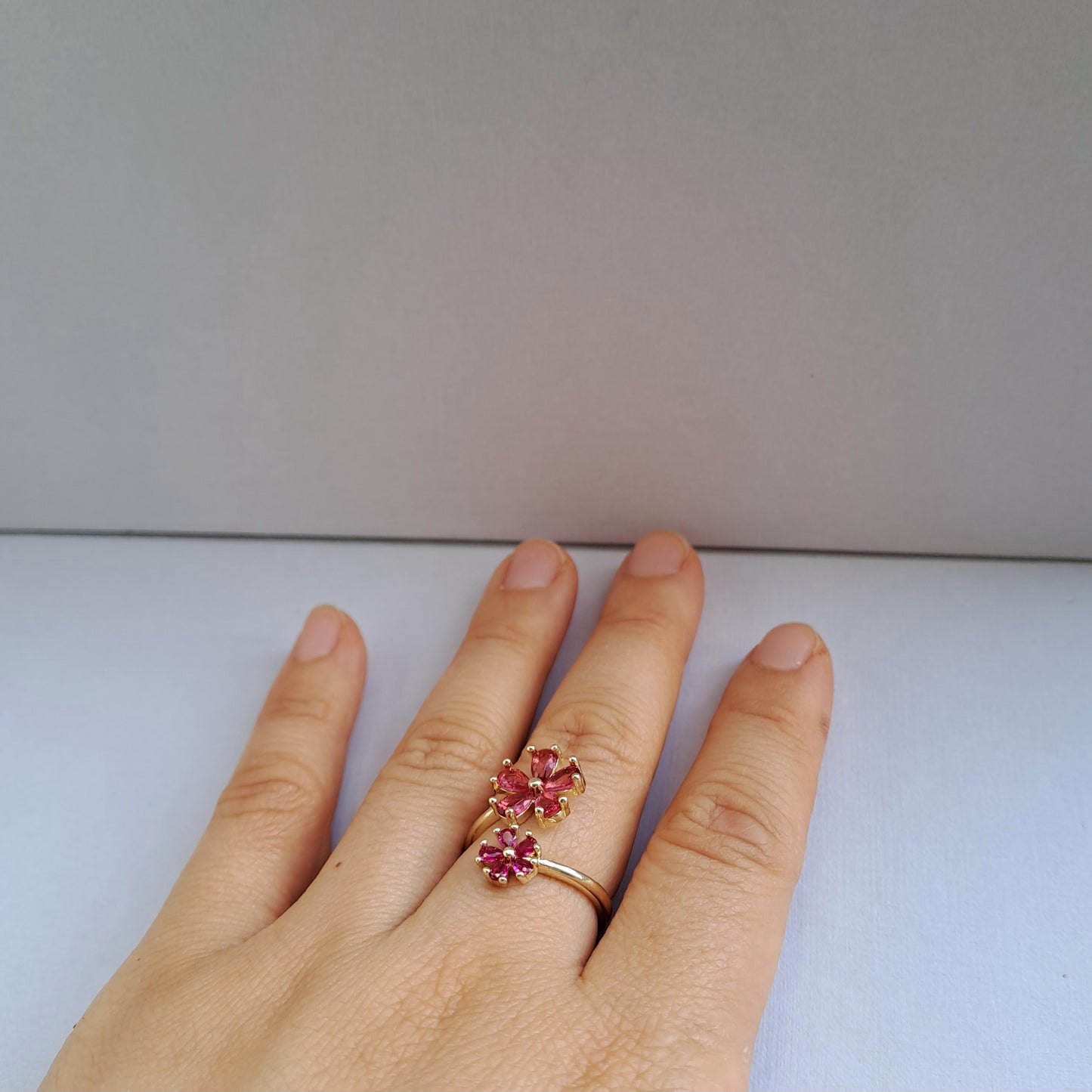 18k gold plated brass open ring embedded with AAA+ zircons/flower design