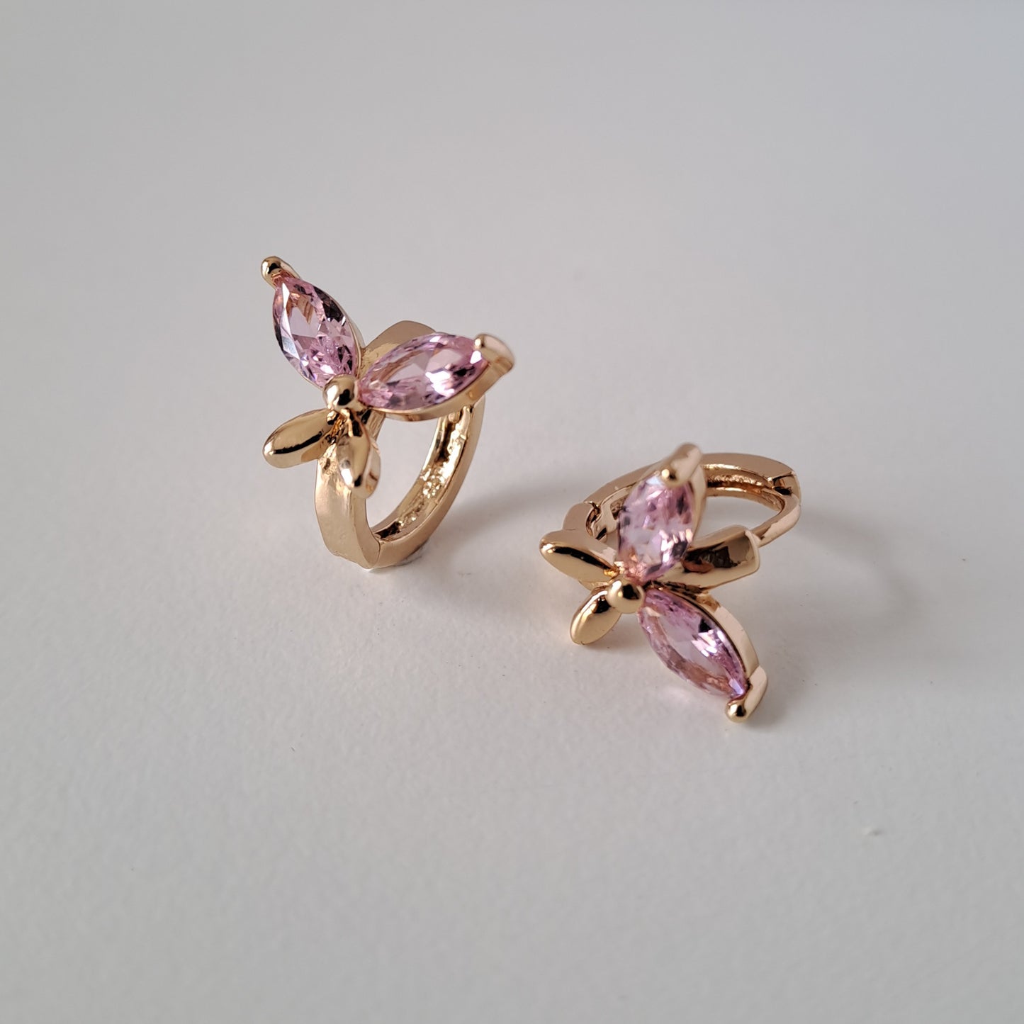 18K gold-plated copper earrings with pink zircon stones, butterfly design