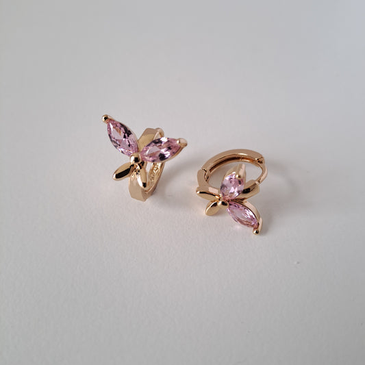 18K gold-plated copper earrings with pink zircon stones, butterfly design