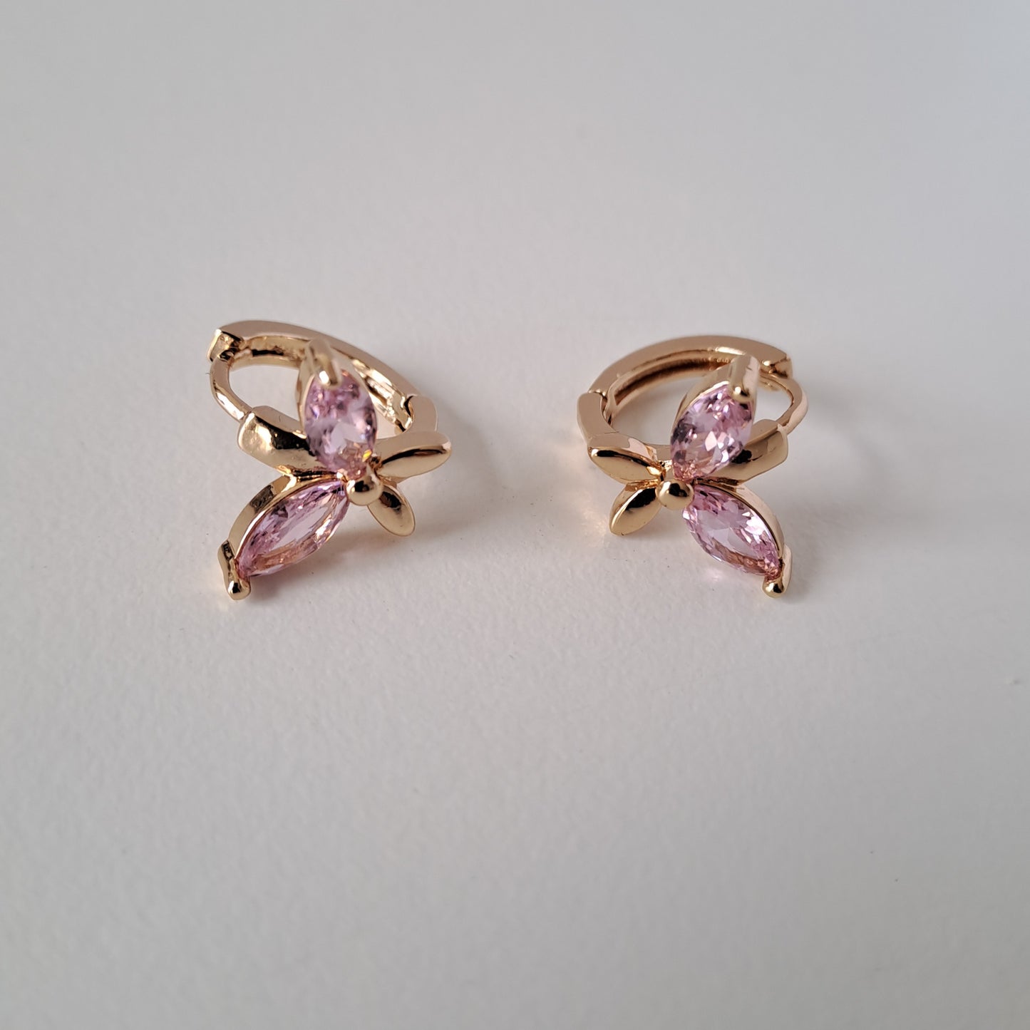18K gold-plated copper earrings with pink zircon stones, butterfly design