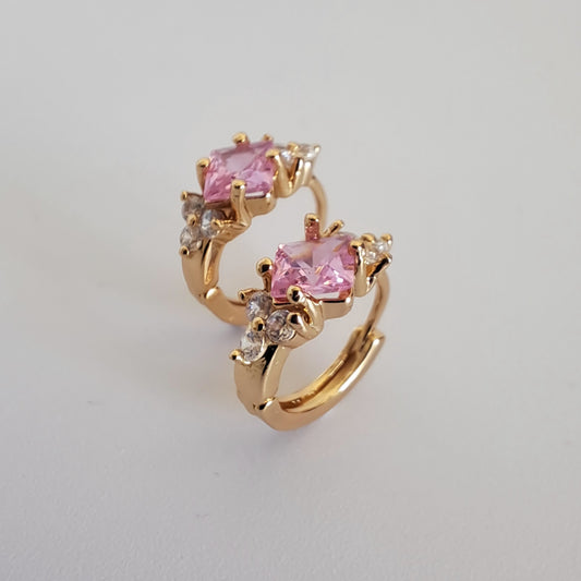 18K gold-plated copper hoops with pink quare zircon stones,diameter 16mm