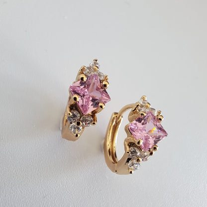 18K gold-plated copper hoops with pink quare zircon stones,diameter 16mm