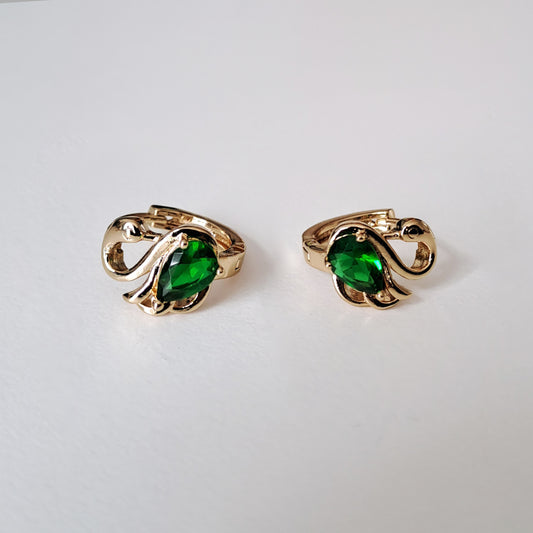 18K gold-plated copper earrings with green zircon stones, Swan design,15mm*20mm