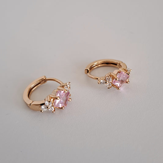 18K gold-plated copper hoops with pink quare zircon stones,diameter 16mm