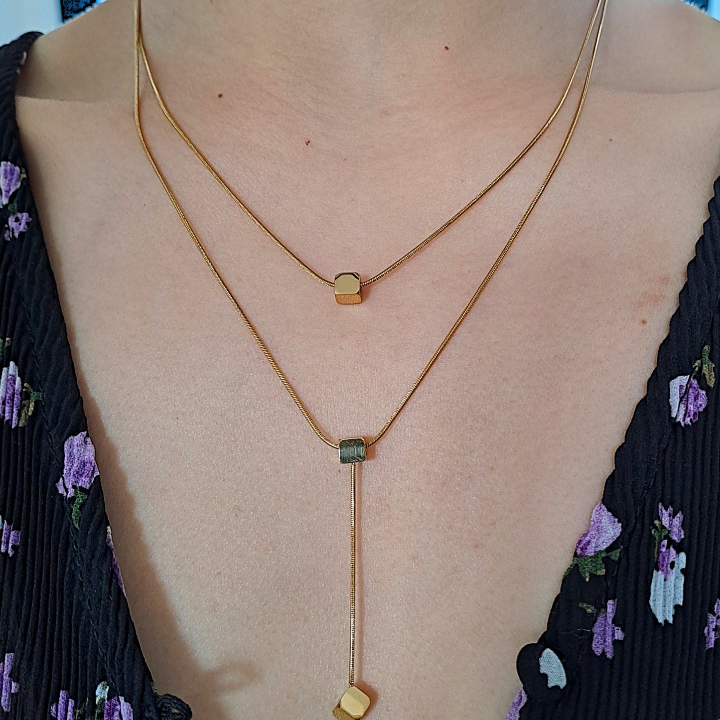Gold plated stainless steel double layer necklace