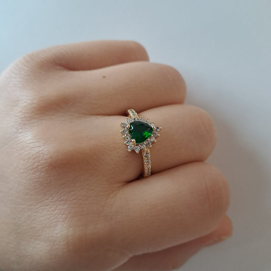 18k gold plated brass open ring, heart shape, green zircons