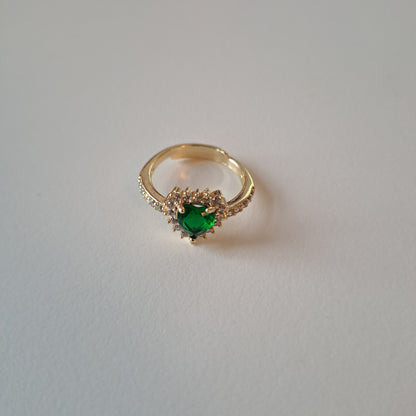 18k gold plated brass open ring, heart shape, green zircons