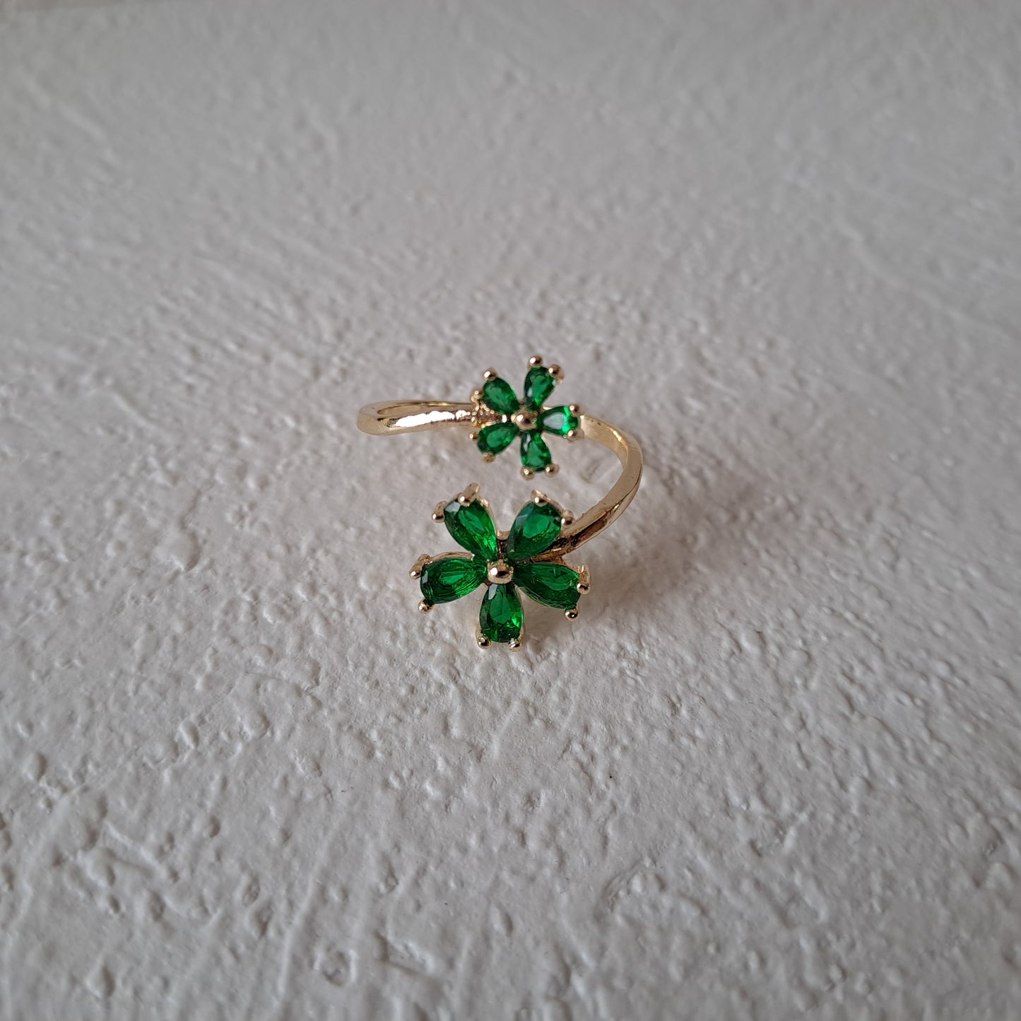 Gold plated brass open ring embedded with green zircons/flower design (Copy)