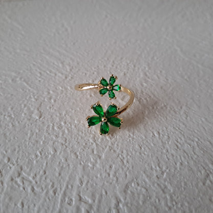 Gold plated brass open ring embedded with green zircons/flower design (Copy)