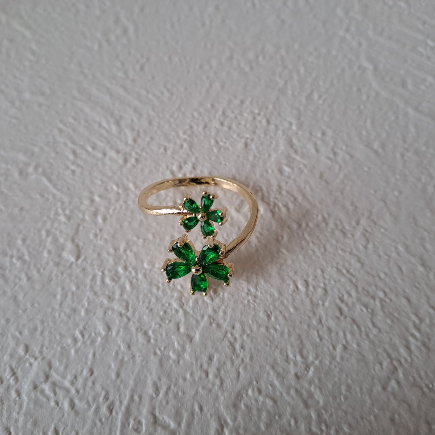 Gold plated brass open ring embedded with green zircons/flower design (Copy)