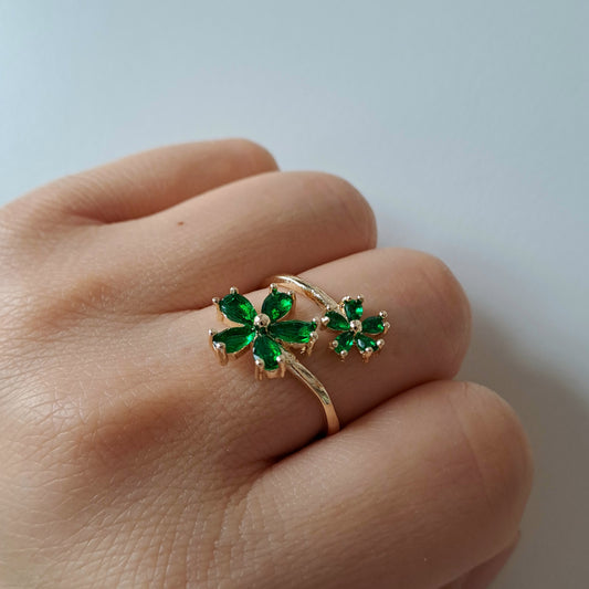 Gold plated brass open ring embedded with green zircons/flower design (Copy)