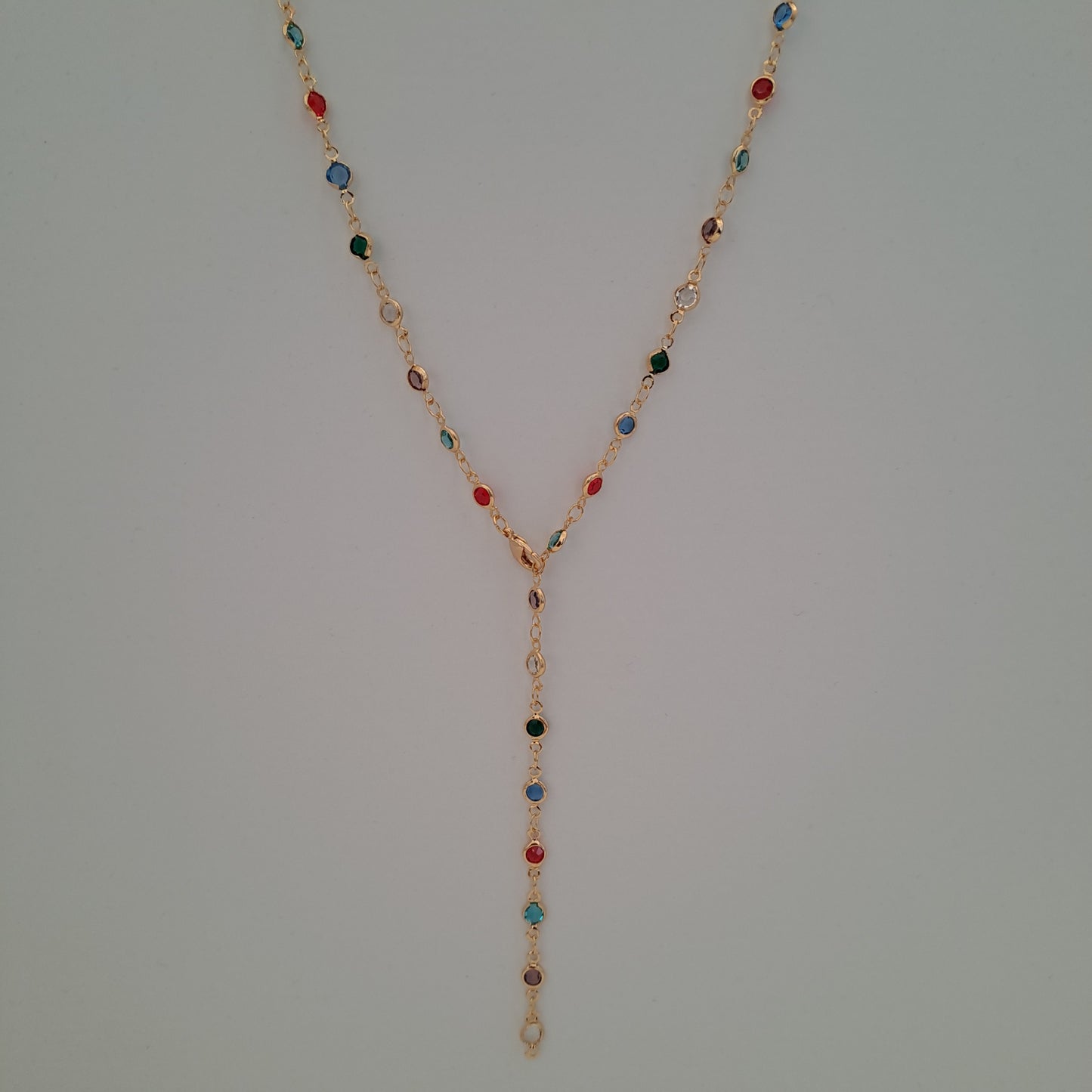 Necklace made of gold-plated copper with colorful glass rhinestones