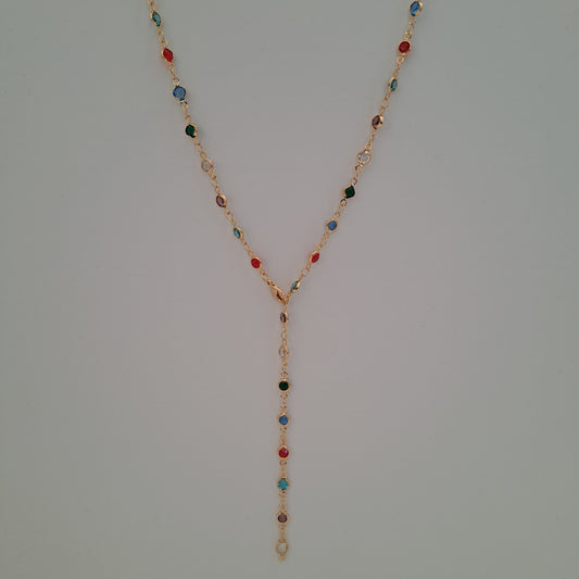 Necklace made of gold-plated copper with colorful glass rhinestones