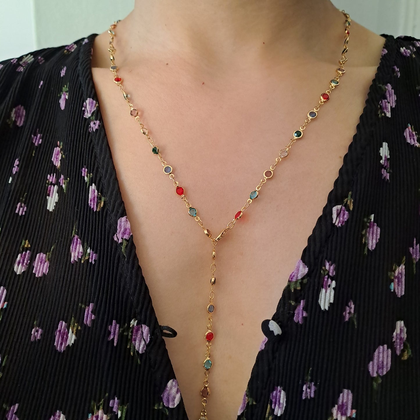 Necklace made of gold-plated copper with colorful glass rhinestones