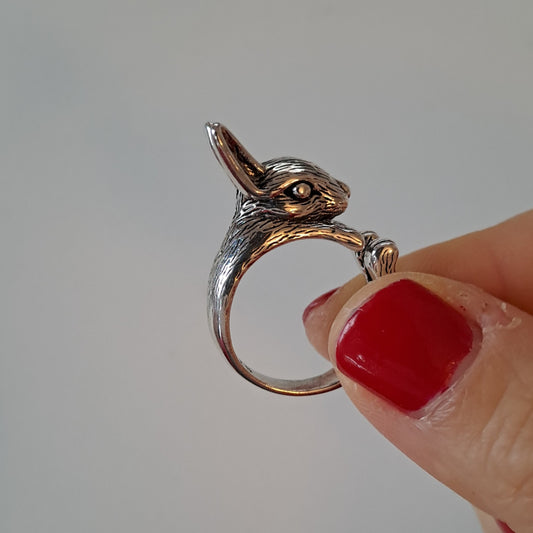 Vintage Silver Plated Adjustable Open Ring, Rabbit
