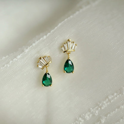Gold-Plated Crown Stud Earrings with Emerald Green Teardrop Zircon