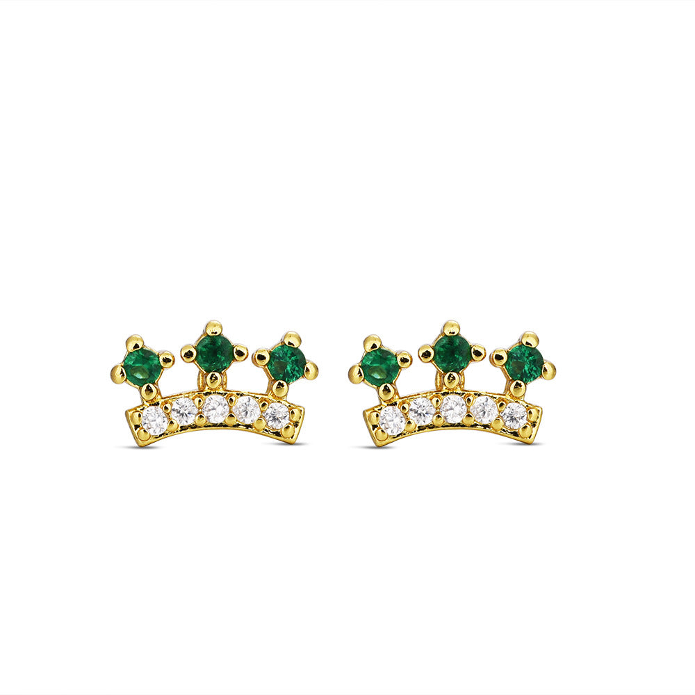 14K Gold-Plated Brass Crown Stud Earrings with Emerald Green Zircon – Vintage Minimalist Style