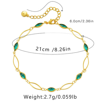 Vintage gold-plated copper anklet with green glass stones