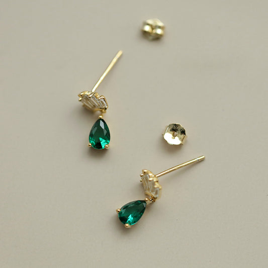 Gold-Plated Crown Stud Earrings with Emerald Green Teardrop Zircon