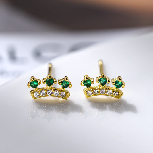 14K Gold-Plated Brass Crown Stud Earrings with Emerald Green Zircon – Vintage Minimalist Style
