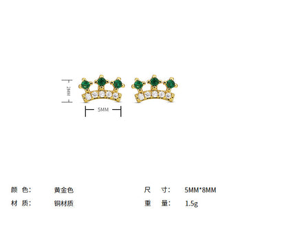 14K Gold-Plated Brass Crown Stud Earrings with Emerald Green Zircon – Vintage Minimalist Style