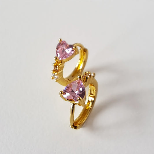 Gold-Plated Heart Hoops with PInk Diamond Accents