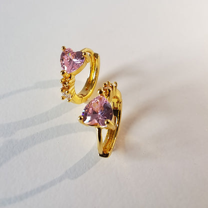 Gold-Plated Heart Hoops with PInk Diamond Accents