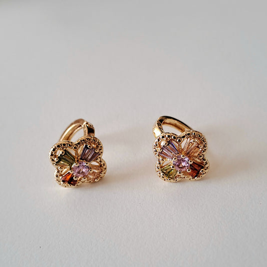 Vintage Gold-Plated Earring,flower earring embedded with colourful zircons