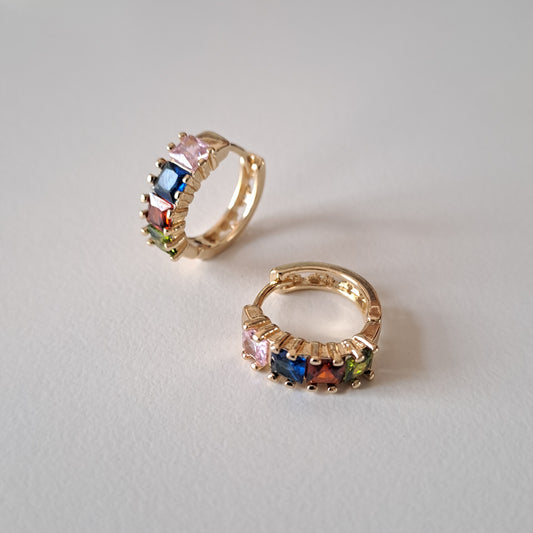 18K gold-plated copper earrings with colorful zircon stones, diameter: 16 mm