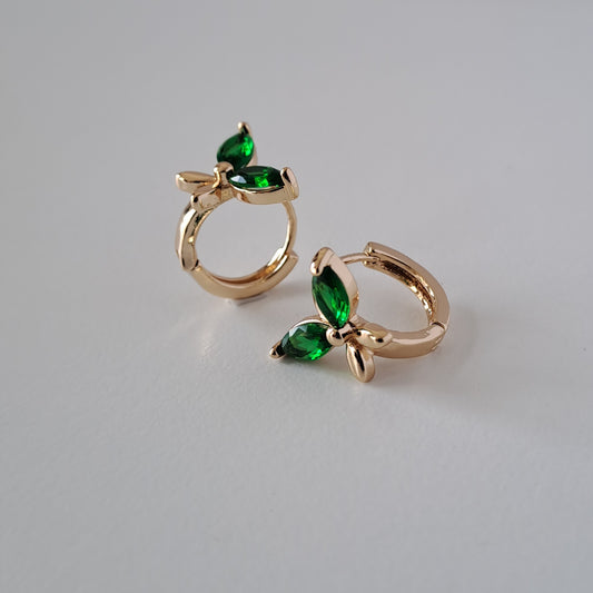 18K gold-plated copper earrings with green zircon stones, butterfly design