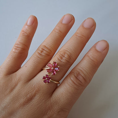 18k gold plated brass open ring embedded with AAA+ zircons/flower design