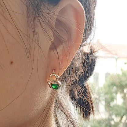 18K gold-plated copper earrings with green zircon stones, Swan design,15mm*20mm