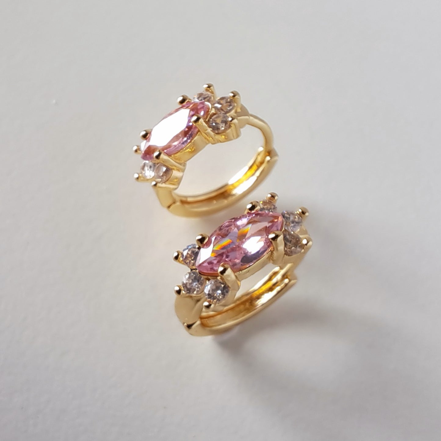 18K gold-plated copper hoops with pink zircon stones,diameter 16mm