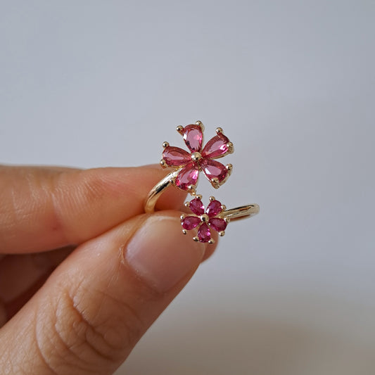 18k gold plated brass open ring embedded with AAA+ zircons/flower design