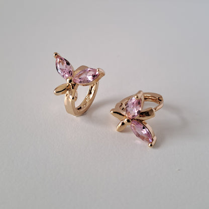 18K gold-plated copper earrings with pink zircon stones, butterfly design